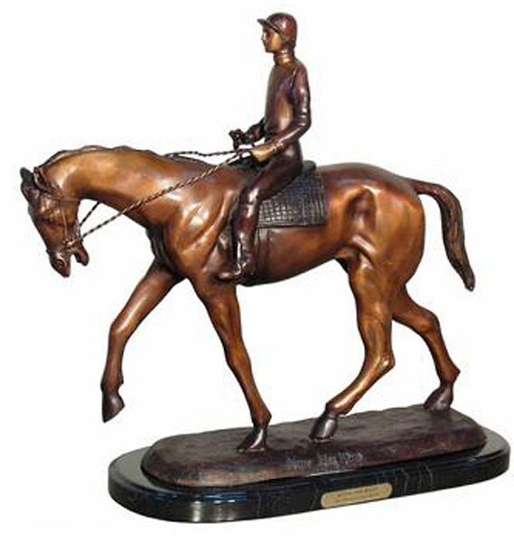 The Winner Jockey bronze statue trotting on winning pony sculpture